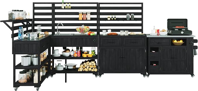 RUNNA 4-Piece Outdoor Rolling Kitchen Island with Sink w/Faucet, Solid Wood Grill Table with Storage Cabinets, Drawers, Stainless Table Top and Movable Shelves for Garden (Black#38)