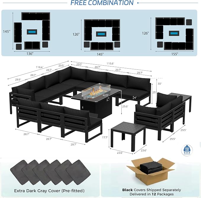 NICESOUL 12 Seat Large Aluminum Patio Conversation Set with Firepit & Side Table, 29" Deep Wide Seating, Modular Sectional Couch, 500 lbs Heavy Duty All Weather Outdoor Sofa for Backyard Deck, Black