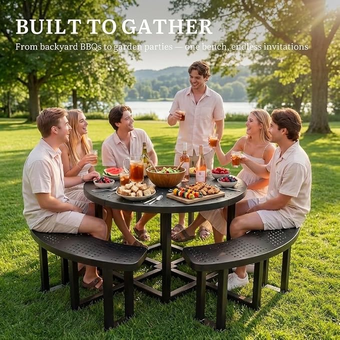 Heavy Duty 38" Round Q235 Steel Picnic Table, Black Metal Outdoor Table with Umbrella Hole, Industrial Patio Picnic Table for 8 People, Backyard & Park