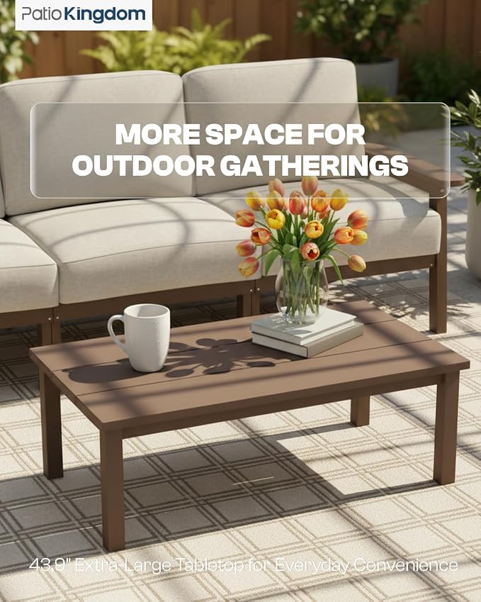 43.9" HDPE Outdoor Coffee Table (Brown) | All-Weather HDPE, Easy Assembly, Low-Maintenance, Large Tabletop, For Patio Deck Poolside Backyard Use