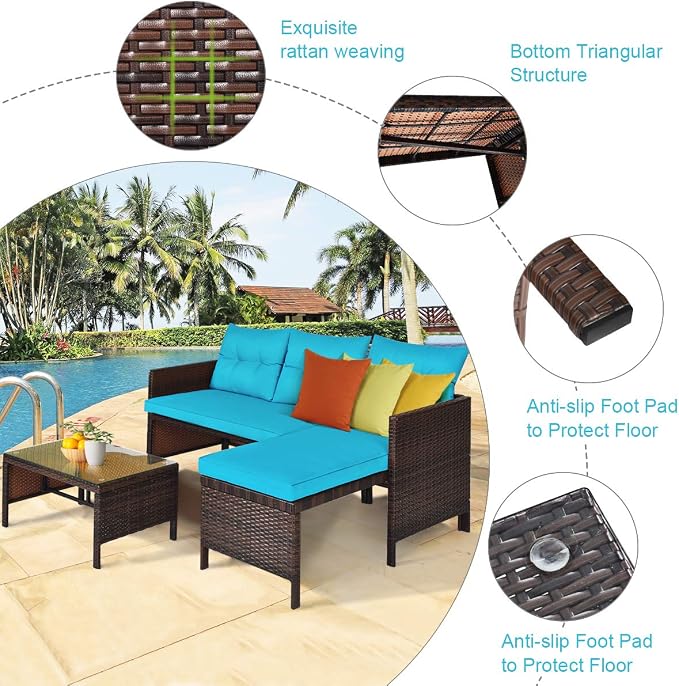 DORTALA Wicker Patio Furniture Set Couch 3 Piece, L-Shaped PE Rattan Outdoor Sectional Sofa Conversation Set with Loveseat, Lounge and Tempered Glass Coffee Table for Garden Lawn Deck, Turquoise