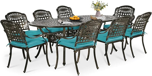 9-Piece Patio Dining Set, Outdoor Patio Table and Chair Set of 84” Oval Cast Aluminum Dining Table with Umbrella Hole and 8 Outdoor Dining Cushion Chairs, Patio Funiture Set for Garden, Blue