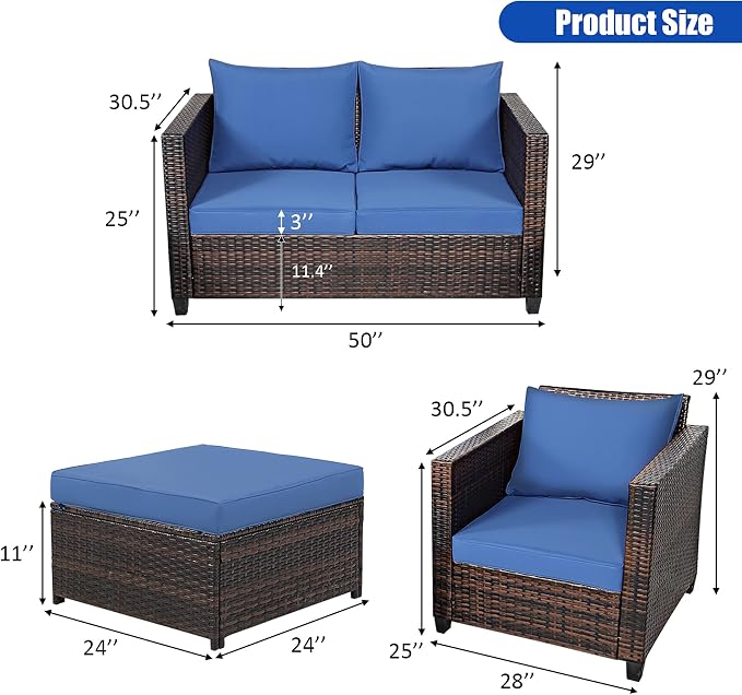 DORTALA 5-Piece Outdoor Patio Conversation Set, Loveseat and 2 Ottoman, Outdoor Sectional Rattan Sofa Set, Multifunctional Rattan Furniture Set Suitable for Home Backyard Garden Poolside Balcony, Navy