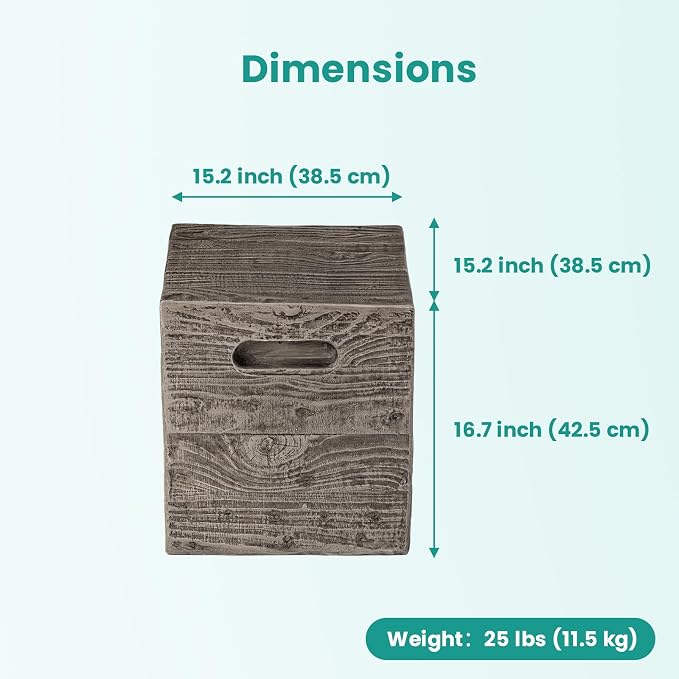 SUNBURY Outdoor Side Table, Faux Wooden Concrete Side Table, Square Lightweight End Table, Patio Accent Stump Stool Decorative for Planter Stand, Deck or Garden, Antique Black