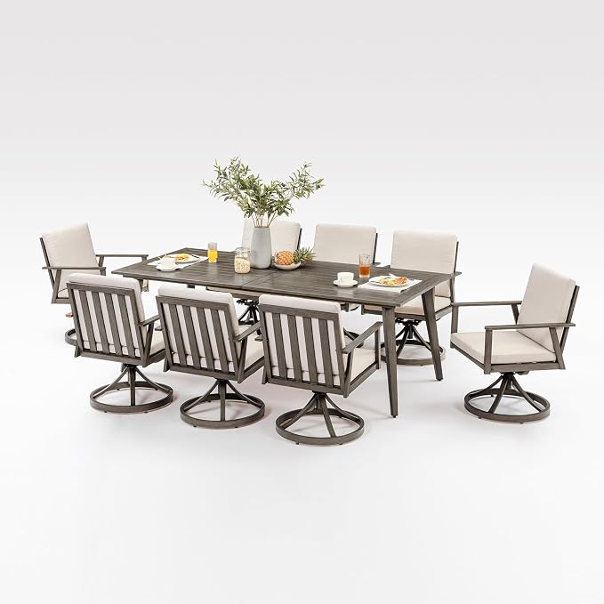 9 Pieces Outdoor Dining Set, Never-Rust Aluminum Patio Swivel Dining Set with Umbrella Hole, 360° Rotation Outdoor Patio Furniture Set, 8 Swivel Chairs and Table for Decks, Backyard, Limed Oak