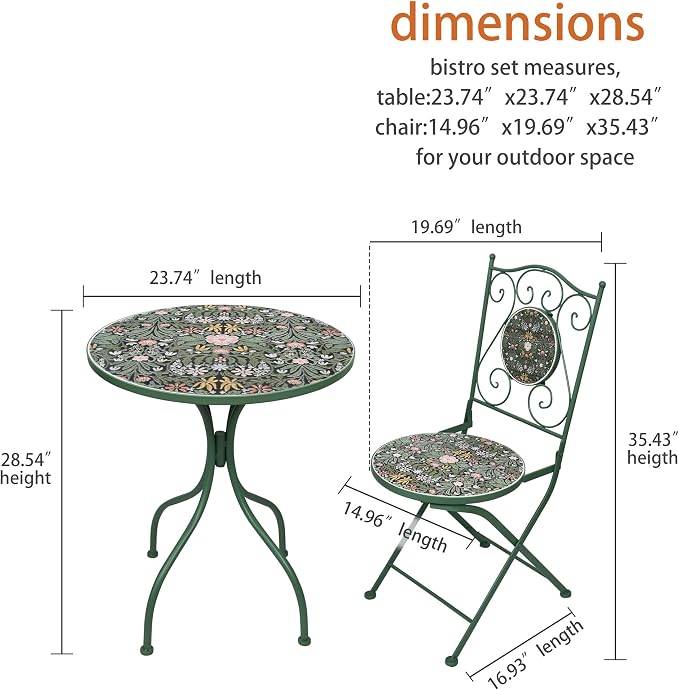 Rustic Outdoor Metal Side Table 24in Patio Bistro Mosaic Patterned Design Ceramic Tile Top Round Table Garden Furniture Dining Table for Yard Balcony Porch Poolside Terrace Decor