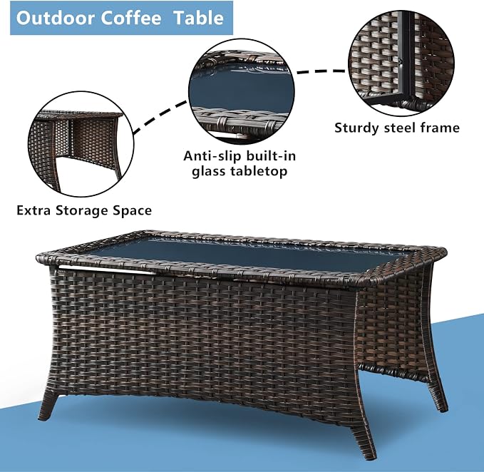 HUMMUH 7pcs Patio Furniture Set Swivel Rocker Patio Chairs,PE Wicker Outdoor Sofa Set of 2 with Coffee Table and Ottomans(Brown,Blue)