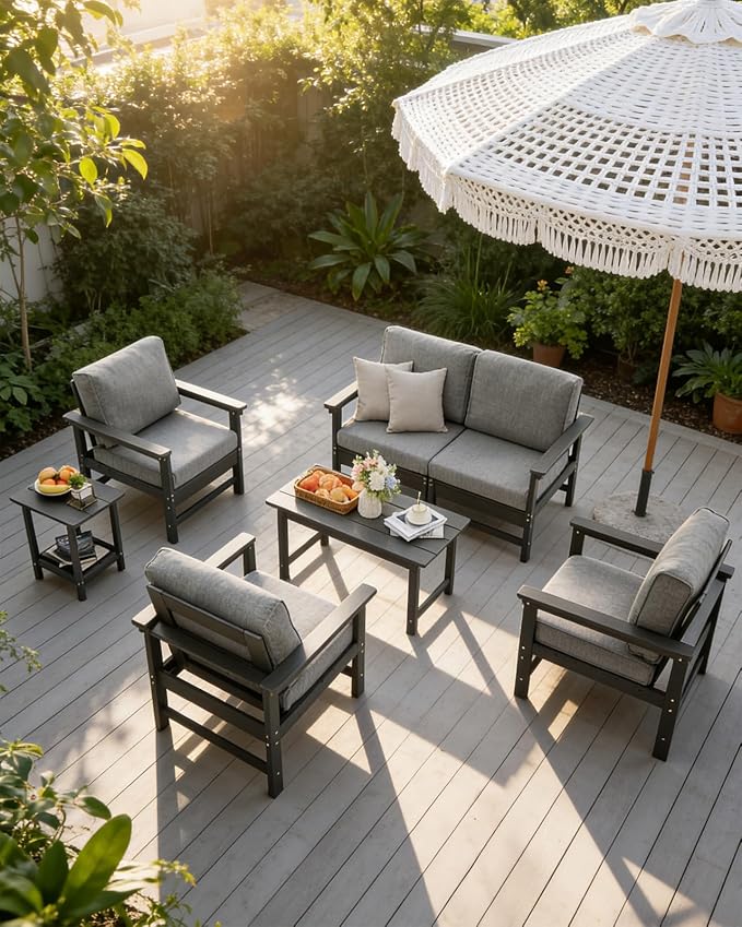 HDPE Outdoor Patio Furniture Set with Cushions, 7 Piece Patio Conversation Set Sofa Set,All Weather Outdoor Couch Set with Coffee Table for Lawn, Garden, Deck