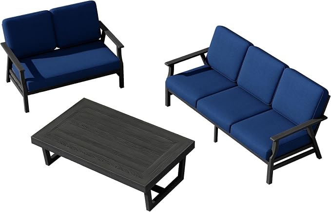 3 Pieces Patio Furniture Sets, Black Wood Outdoor Sectional Furniture with Coffee Table, 5 Seats Patio Sofa Couch Conversation Set for Backyard Deck - Navy