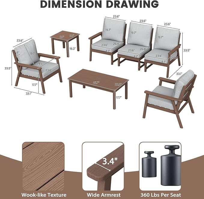 LOUNZY HDPE Patio Conversation Set,3 pcs Sectional Outdoor Furniture Set, All Weather Outdoor Couch Set Patio Furniture Set for Deck, Lawn, Brown