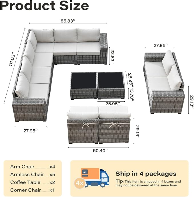 12 Pieces Patio Furniture Set, Wicker Outdoor Sectional Sofa with Coffee Table Comfy Cushions, Modern Modular Deep Seat Rattan Couch Conversation Set for Backyard Porch Yard,Beige