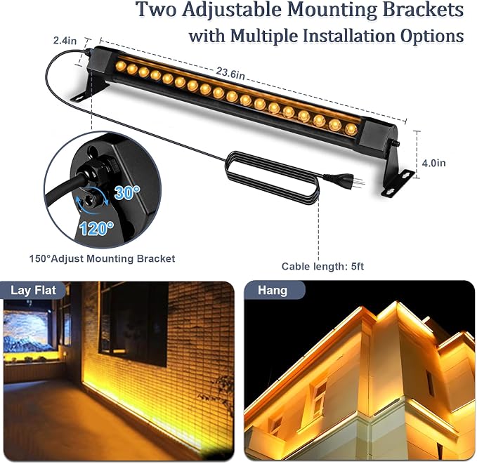 2 Pack 36W LED Wall Washer Light 2FT 2700K Waterproof IP67 Plug-in | Outdoor LED Light Bar/Lifespan 50K Hr/150° Adjustable/Home Churches Commercial Buildings Villas Gardens Yards Art Displays