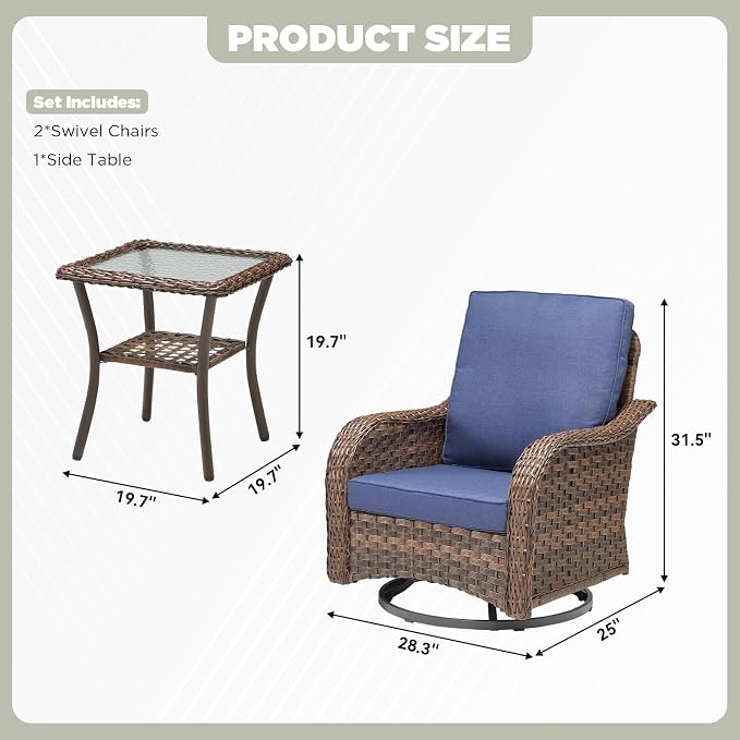 3 PCS Patio Swivel Rocking Chairs Set, Outdoor Wicker Furniture with 4-Inch Thick Olefin Cushions & Side Table, 300 lbs Capacity Swivel Rocker Chairs for Porch, Balcony, Backyard, Blue