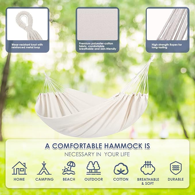 Gold Armour Brazilian Style Hammock with Tree Straps for Hanging, Portable Single Double Hammock for Camping, Outdoor, Indoor, Patio, Backyard (Beige White)