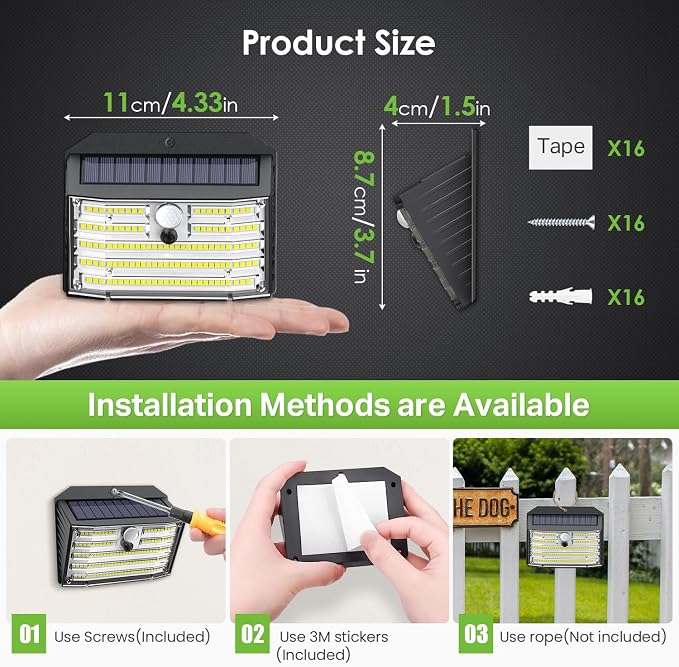 [16 Packs] Solar Motion Lights Outdoor, Ultra Bright Solar Fence Lights with Motion Sensor, IP65 Waterproof Security Light 3 Modes, 270° Lighting Angle, Wall Lights for Deck Patio Fence Garage Door