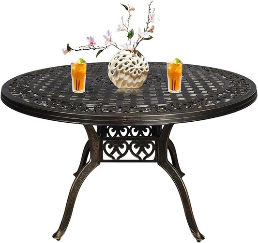 48" Cast Aluminum Outdoor Dining Table,Dining Conversation Side Table, Patio Bistro Table with 2.36" Umbrella Hole for Backyard, Garden, Patio, Porch