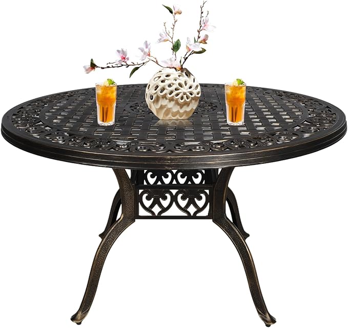 48.23" Patio Dining Table, All-Weather Cast Aluminum Table with 2.36" Umbrella Hole, Patio Furniture Table, Outdoor Dining Table for Backyard and Poolside