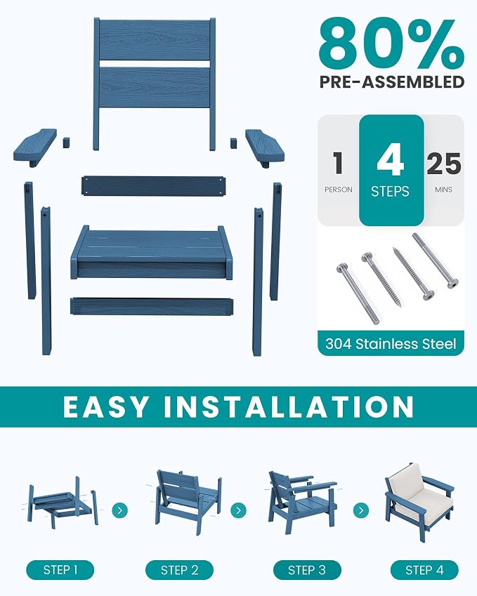 SERWALL HDPE Outdoor Furniture Set, 7 Piece All Weather Wood-Like Outdoor Sofa Sectional Couch, Blue Patio Furniture Set with Khaki Cushions