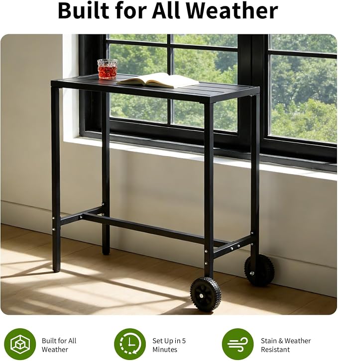 GarveeHome 39 Inch Outdoor Bar Table, Counter Height Table with Wheels & Adjustable Leveling Feet, Portable Black Bar Table for Kitchen, Patio, Balcony, Home Bar