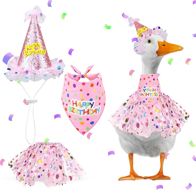 Porch Goose Outfits, Birthday Goose Outfits with Glitter Tutu Skirt, Birthday Hat and Bandana Valentine Porch Gooses Outfit for 23" 17" Outdoor Statue Patio Yard Lawn Art(Pink)