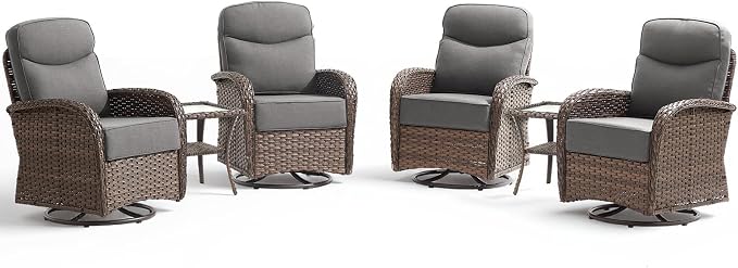 Luxury Wicker Patio Furniture Set with 6-Inch Thick Cushions, 6 Pieces Outdoor Swivel Rocker Patio Chairs Set of 4 with Rattan Side Table, Ooutdoor Patio Conversation Sets for Garden Porch Deck, Gray