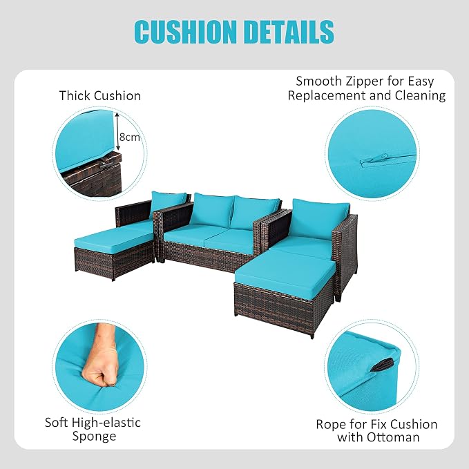 DORTALA 5-Piece Outdoor Patio Conversation Set, Loveseat and 2 Ottoman, Outdoor Sectional Rattan Sofa Set, Multifunctional Rattan Furniture Set Suitable for Backyard Garden Poolside Balcony, Turquoise