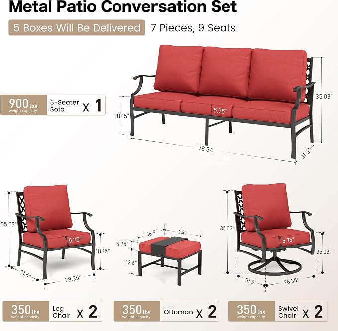 SUNSHINE VALLEY 7 Piece Metal Outdoor Patio Furniture Set, Patio Conversation Sets 1 3-Seater Sofa, 2 Fixed Chairs, 2 Swivel Chairs, 2 Ottomans with 5.75" Thick Cushion, Black Backyard Furniture, Red