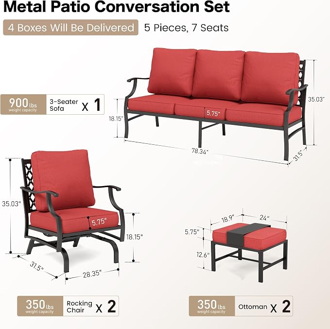 SUNSHINE VALLEY 7 Piece Metal Outdoor Patio Furniture Set, Patio Conversation Sets 3-Seater Sofa, 2 Rocking Chair, 2 Ottomans with 5.75" Thick Cushion, Black All-Weather Frame Backyard Furniture, Red
