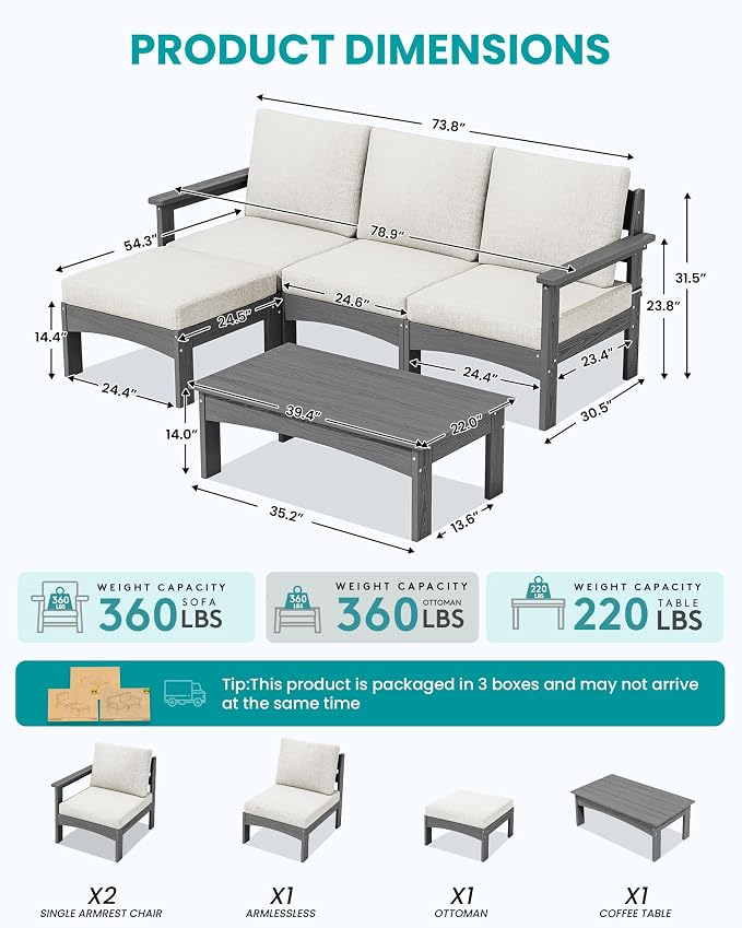 SERWALL 5-Piece Patio Sofas, All-Weather HDPE Outdoor Sectional Sofa with Cushions and Coffee Table, Large Modular Patio Conversation Set for Garden, Lawn, Deck, Porch, Grey Frame with Khaki Cushion