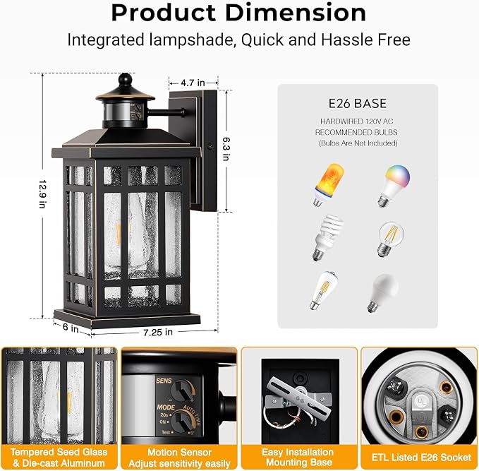 Motion Sensor Outdoor Lights, Black Dusk to Dawn Outdoor Lighting with Tempered Glass, Aluminum Waterproof Anti-Rust Outside Wall Light Fixtures, Adjustable Sensitivity & Brightness, Hardwired