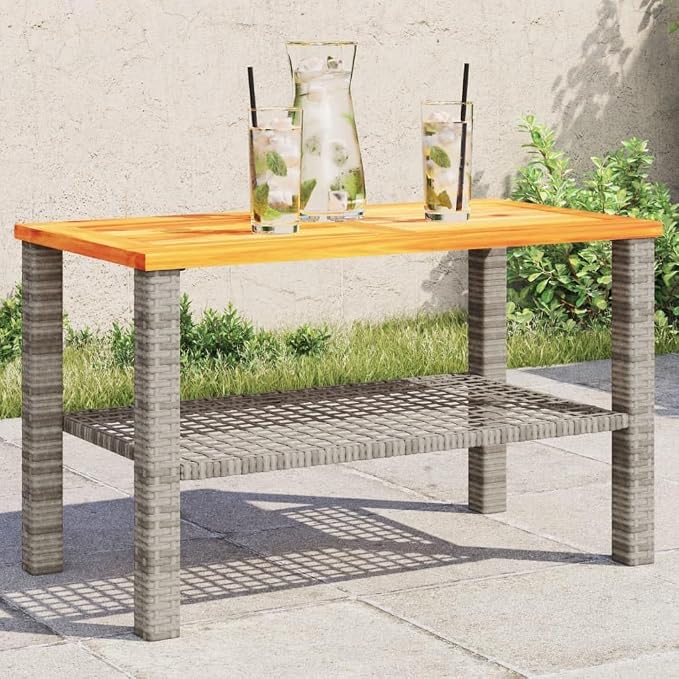 Modern Outdoor Dining Table for Garden with Steel Frame and Weather Resistant Patio Side Table in Grey and Brown Acacia Wood and Poly Rattan