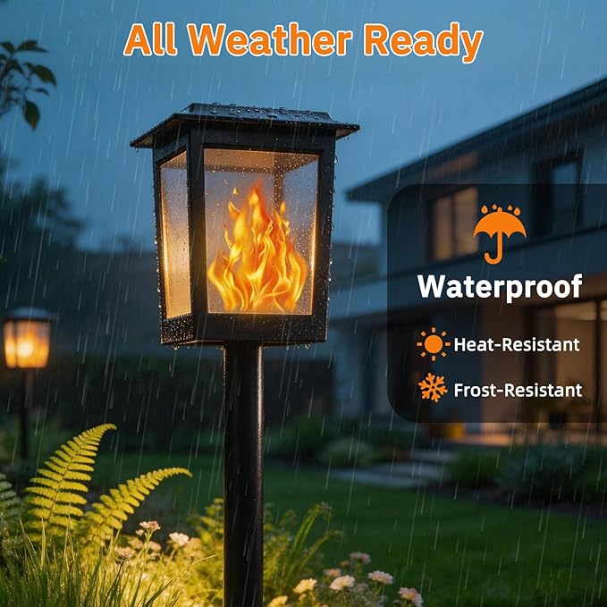 KYEKIO Gen2 Flickering Flame Solar Torch Lights, Large Solar Lights Outdoor | Waterproof for Halloween Decorations, Square Garden Lights Solar Powered, LED Tiki Torches for Outside, Yard Decor, 6 Pack