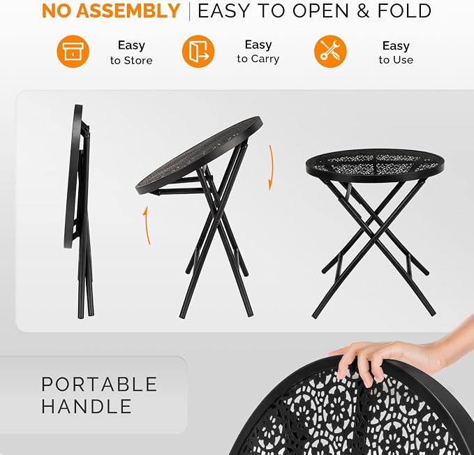 Folding Small Outdoor Side Tables, Patio Folding Side Table, Anti Rust Small Patio Table Round Metal Nightstand with Flower Cutouts for Porch Yard Balcony Deck Lawn