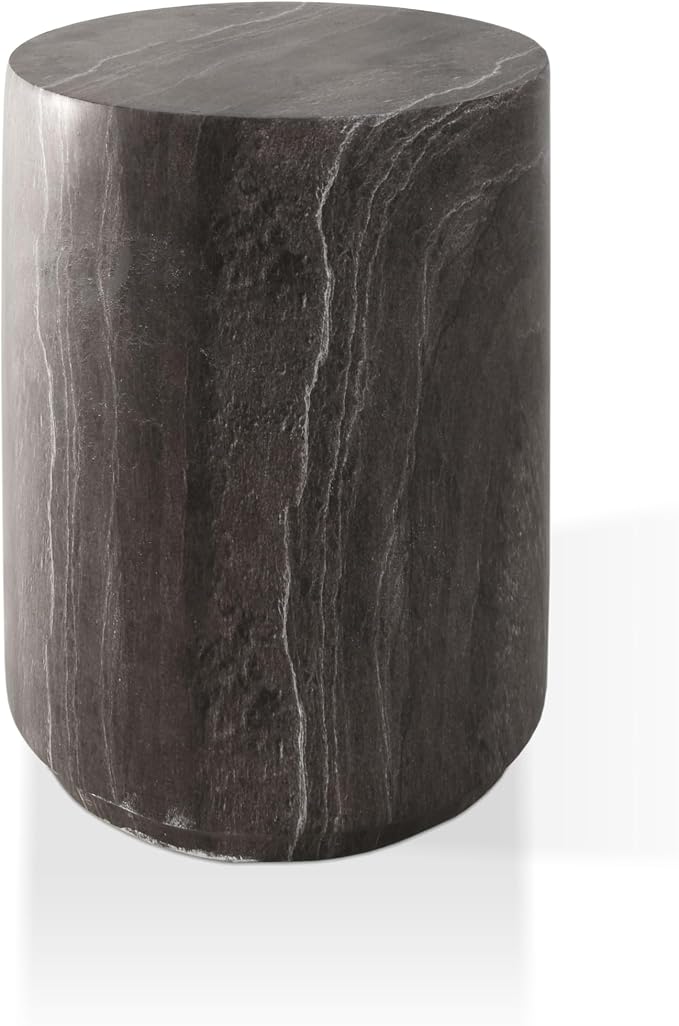 24/7 Shop at Home Ranera Modern 14-inch Natural Stone Side Table with Round Drum Base, Marble Nightstand, Patio End Table, for Living Room, Covered Outdoor Spaces, Balcony, Warm Gray Travertine