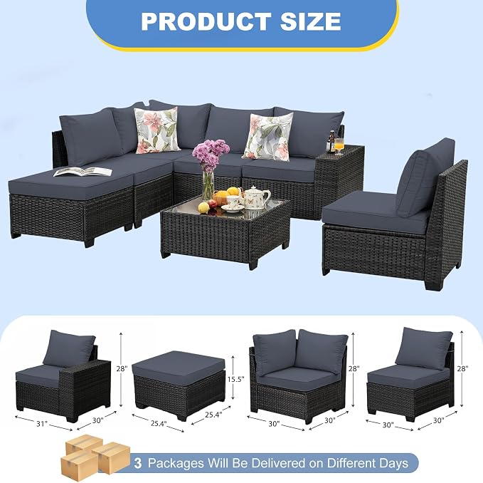 7 Pieces Patio Furniture Set, Wicker Outdoor Conversation Sets with Tea Table, Rattan Patio Sofa with Thick Cushions for Garden, Backyard Porch, Poolside, Party, Gray