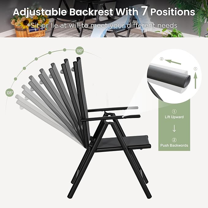 PHI VILLA Outdoor Patio Dining Set for 6 with Umbrella, Rectangle Patio Table Set with 6 Adjustable Folding Chairs(Black) & 13 Ft Navy Blue Umbrella (No Umbrella Base)