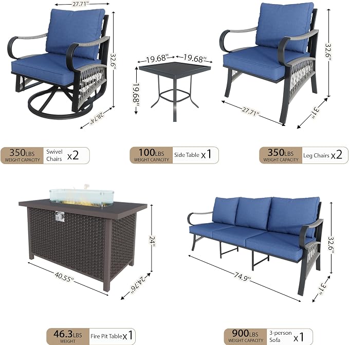 7 Pieces Patio Furniture Set, Metal Outdoor Conversation Sets with Fire Pit Table and Swivel Chairs for Backyard Garden Deck Porch Poolside (Thick Blue Cushions)
