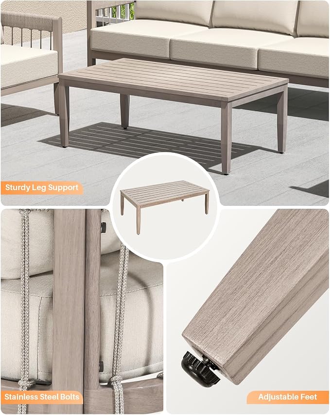 Never-Rust Aluminum Outdoor Coffee Table, All-Weather Patio Coffee Table with Faux Wood Grain Finish Frame, Rectangle Outdoor Table with Adjustable Feet for Garden, Porch, Backyard, Indoor