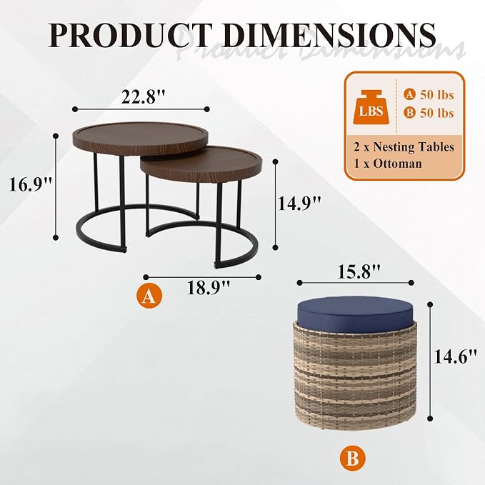 Cabana Chic Nesting Tables with Ottomans, Outdoor Round Side Table, Nesting Coffee Table Set, 2 Tables 1 Ottoman, Brown/Blue