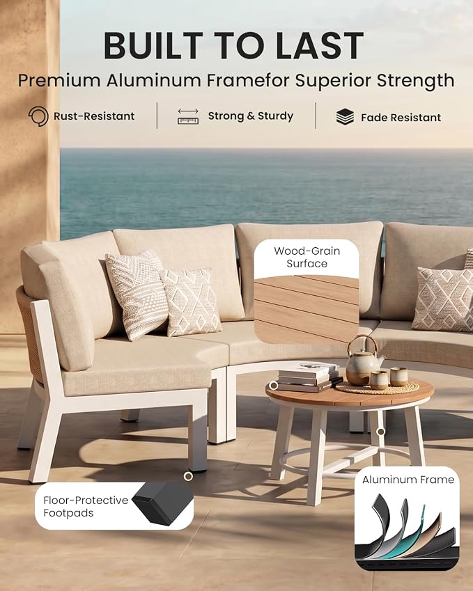 Half Moon Outdoor Patio Furniture Set, Aluminum Curved Patio Conversation Sets, Luxury Outdoor Sectional with PE Rope, All-Weather 7 Pcs Outdoor Couch with Coffee Table & Cushions, White