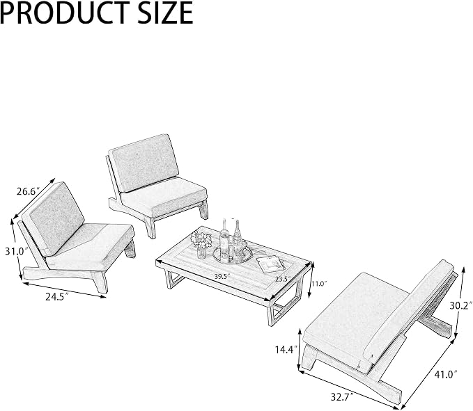 4 Piece Wood Outdoor Patio Frutnire Set, 4 Seater Patio Conversation Sets with Thick Cushions, Outdoor Sectional Furniture with Coffee Table - Beige