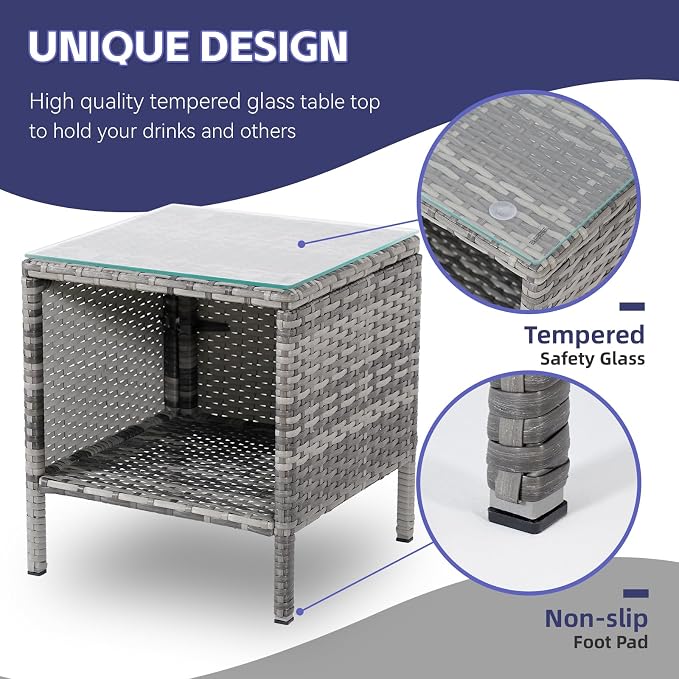 3 Pieces Patio Furniture Sets Outdoor PE Rattan Small Patio Furniture Set with Soft Cushion and Glass Coffee Table with Storage for Garden Backyard Porch Poolside WeatherResistantGrey/Darkblue