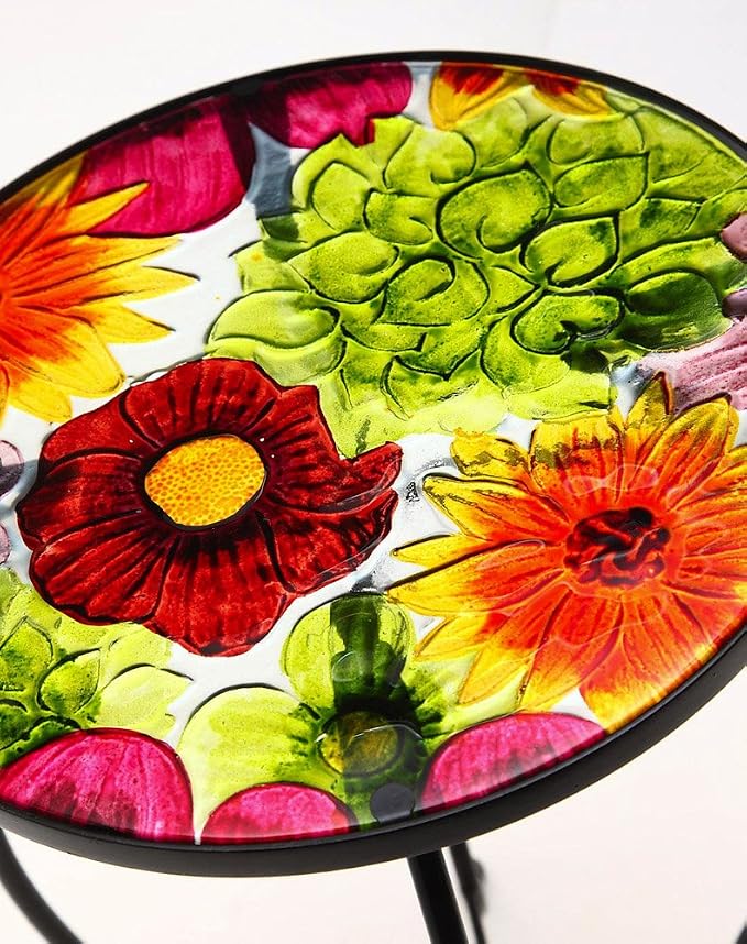 Evergreen Garden Outdoor-Safe Round Summer Splash Glass and Metal Side Table - 12" L x 12" W x 22" Indoor Outdoor Side Tables for Your Patio, Lawn, Garden or Home Décor