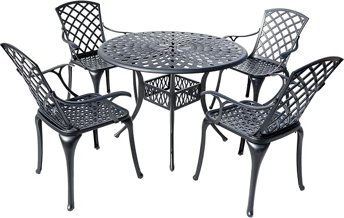 5 Pieces Outdoor Patio Dining Set, Cast Aluminium Patio Furniture Set with 4 Chairs Round Table, Anti Rust Outdoor Dining Set with 1.97" Umbrella Hole for Garden, Porch and Poolside, Bronze