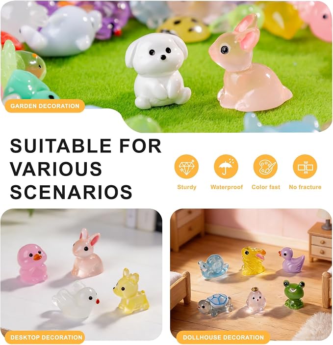 200 pcs Luminous Mini Resin Animals Many Styles Variety Tiny Animals Figures Miniature Little Small Animal Figurines Bulk for Micro Fairy Garden Landscape Accessories Hide Crafts Decor Aquarium