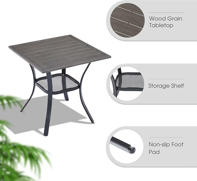 VICLLAX Small Patio Dining Table, 28"x 28" Metal Slatted Tabletop with Storage Shelf for Deck Lawn Garden Backyard, No Umbrella Hole, Antique Grey Tabletop