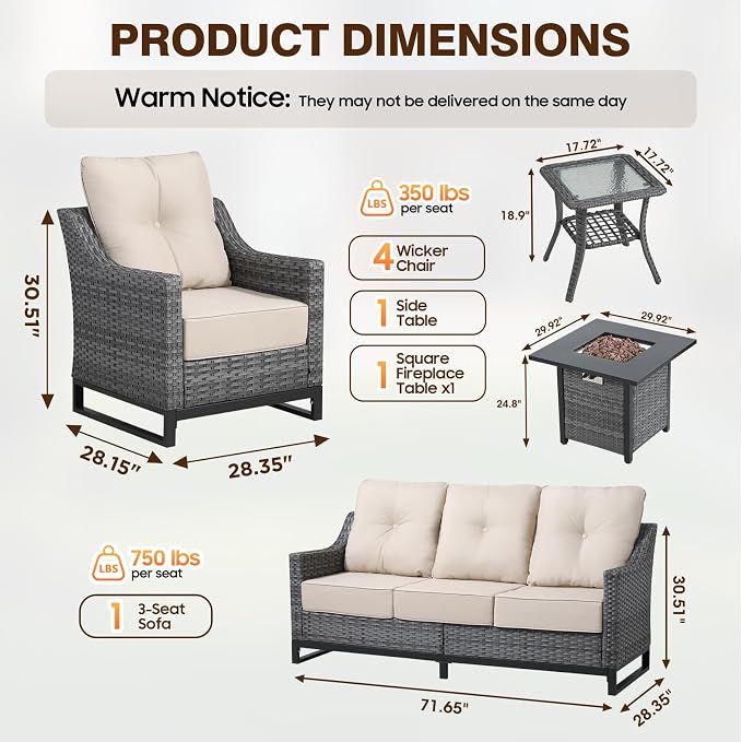 7 Piece Patio Furniture Set With Fire Pit , 360° Swivel Patio Chairs Set of 2,Cozy 60,000 BTU Square Fire Pit Table,2 Wicker Chairs,Sofa,Outdoor Side Table,All-Weather Wicker Patio Sets For Outdoor