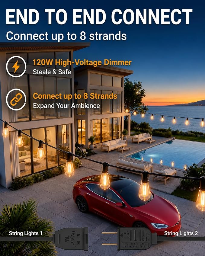 Outdoor String Lights 27FT, 15+2 Shatterproof Bulbs ST38, 1.5FT Spacing, IP65 Waterproof | Dimmable with Remote, Heavy-Duty, Include Screw & Zip Ties for Patio Backyard Holiday Outside