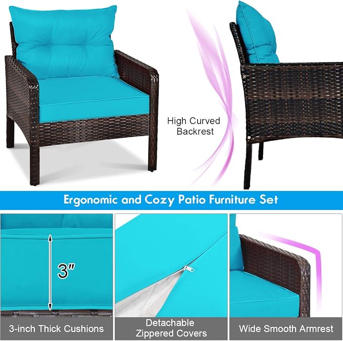 COSTWAY 5 PCS Patio Rattan Furniture Set, Outdoor Cushioned Sofa with Ottomans and Coffee Table, Wicker Conversation Set for Backyard Porch Lawn Poolsid, Turquoise
