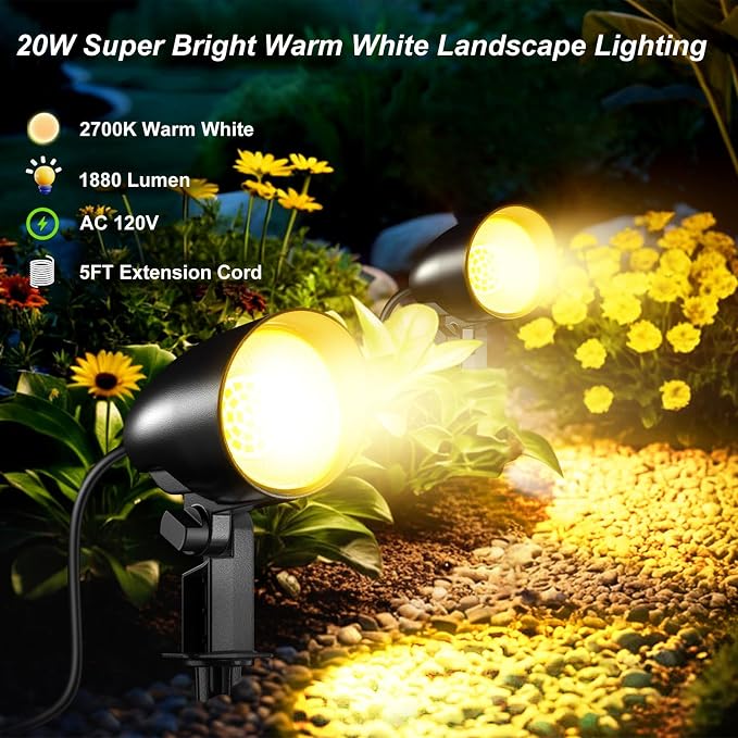 20W Outdoor Spotlight,IP66 Landscape Lighting for Yard, 2 Pack | 1880LM high brightness, CRI>80, 85% energy saving, 3-prong cord,plug and play,Ideal for yards, pathways, gardens, and patios